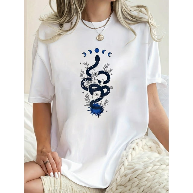 1pc Women's Fashion Casual Crew Neck T-Shirt with Geometric Snake and Moon Pattern, Polyester 95% Spandex 5% Knit Fabric, Medium Stretch, All-Season Comfort Top, Leisure Style, ALL/Global/All