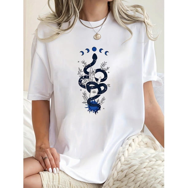 Camiseta de Verano para Mujer 1pc Women's Fashion Casual Crew Neck T-Shirt with Geometric Snake and Moon Pattern, Polyester 95% Spandex 5% Knit Fabric, Medium Stretch, All-Season Comfort Top, Leisur