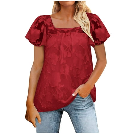 RYRJJ Womens Square Neck Babydoll Tops Ruffle Short Sleeve Lace Blouse Summer Fashion Floral Textured Dressy Casual Shirts(Red XXL)