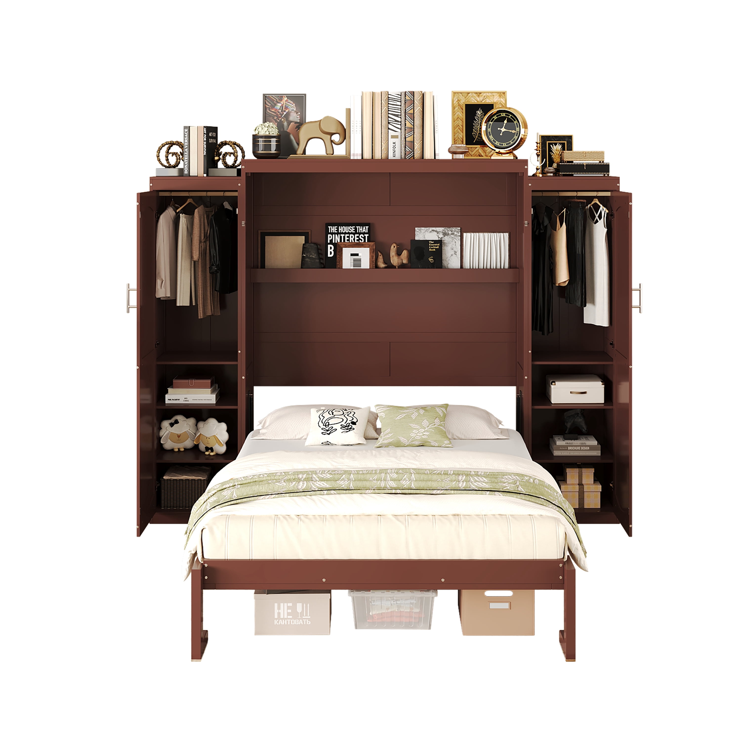 Yoneston Full Size Modern Murphy Bed with 2 Wardrobe & Storage Shelf, Multifunctional Foldable Platform Bed Frame with for Guestroom Bedroom, Brown