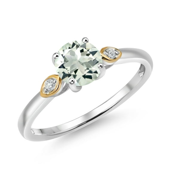 Gem Stone King 925 Silver and 10K Yellow Gold Green Prasiolite and White Lab Grown Diamond 3-Stone Engagement Ring for Women (0.83 Cttw, Round 6MM, Gemstone Birthstone, Size 9)