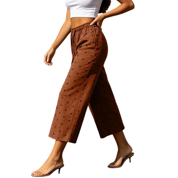 Admvng Womens Dot Cropped Wide Leg Pants Elastic Drawstring High Waist Casual Trousers with Pockets