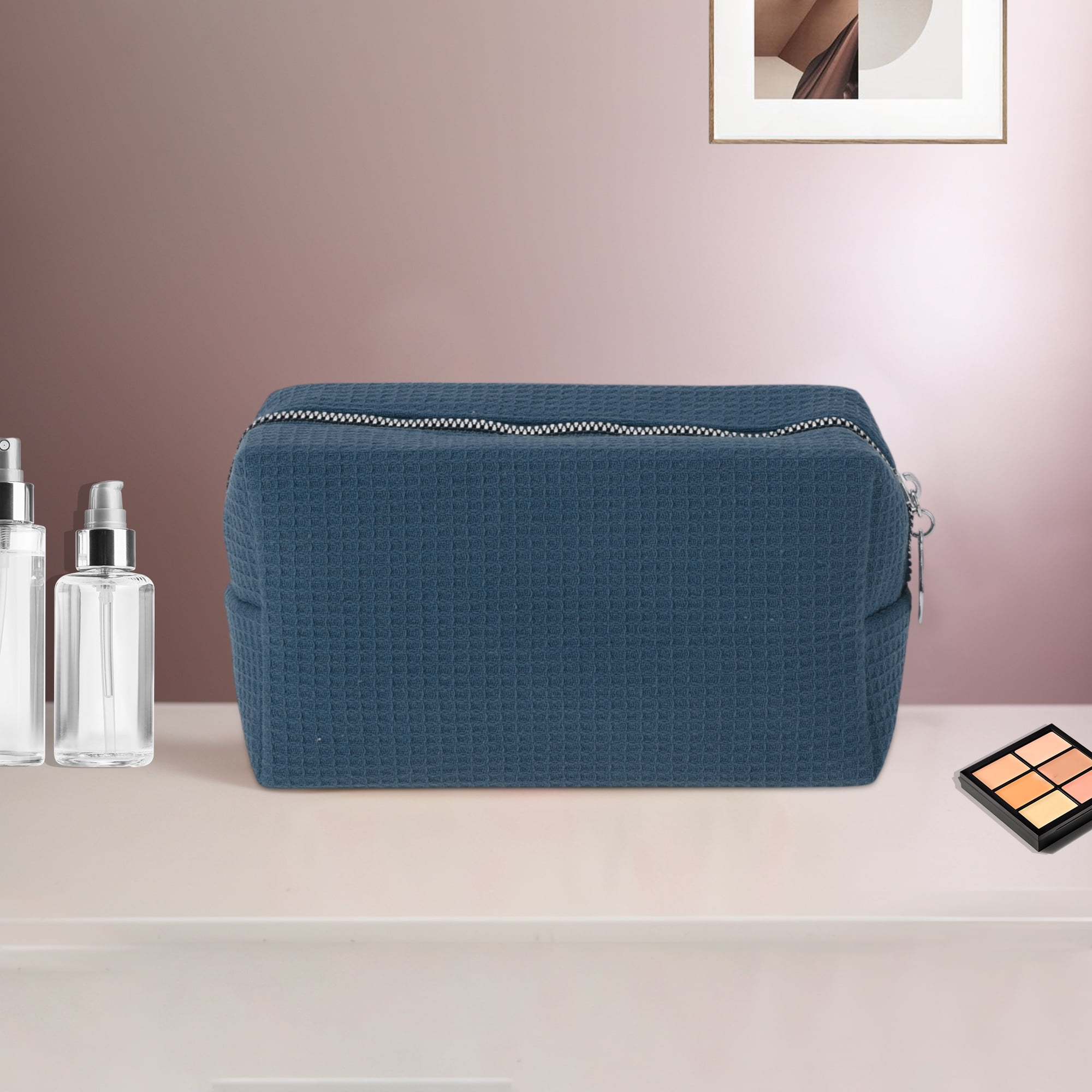 Unique Bargains 1 Pc Waffle Plaid Pattern Makeup Bag for Travel Navy Blue