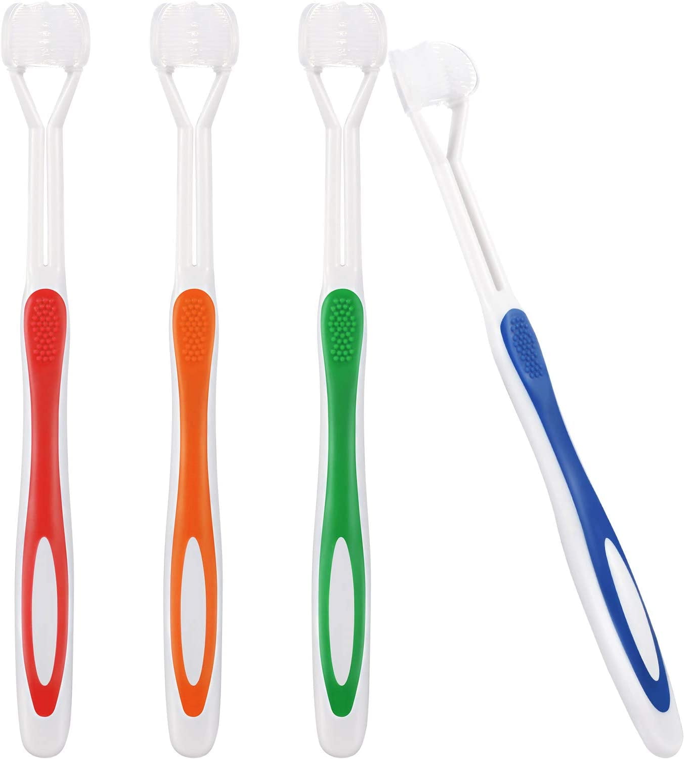4 Pieces 3 Sided Autism Sensory Toothbrush Three Bristle Travel Toothbrush for Kids Complete Teeth and Gum Care Pretty Good Angle Bristles Clean Each Tooth, Soft and Gentle (Green, Blue, Yellow, Red)