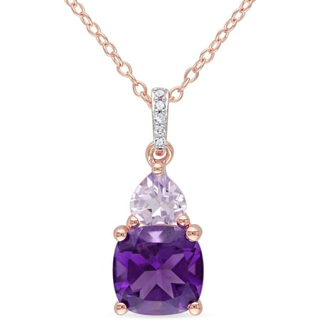 Tangelo 2-1/7 Carat T.G.W. Amethyst and Rose de France with Diamond-Accent Rose Rhodium-Plated Sterling Silver Round Drop Pendant, 18