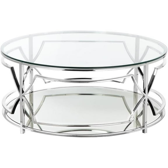 Pemberly Row Contemporary Metal Round Coffee Table with Glass in Silver