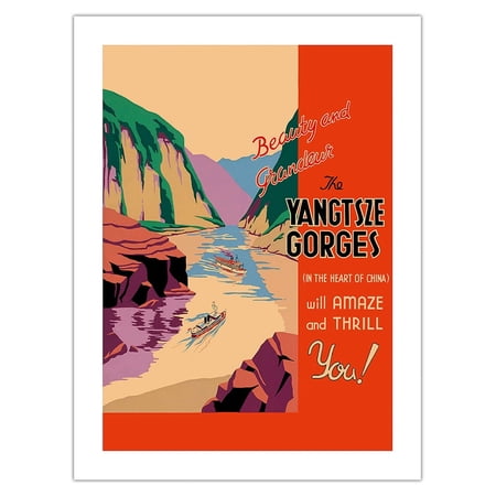 Beauty and Grandeur - The Yangtsze Gorges - (In the Heart of China) will Amaze and Thrill You! - Vintage Travel Poster c.1934 - Bamboo Fine Art 290gsm Paper Print (Unframed) 18x24in