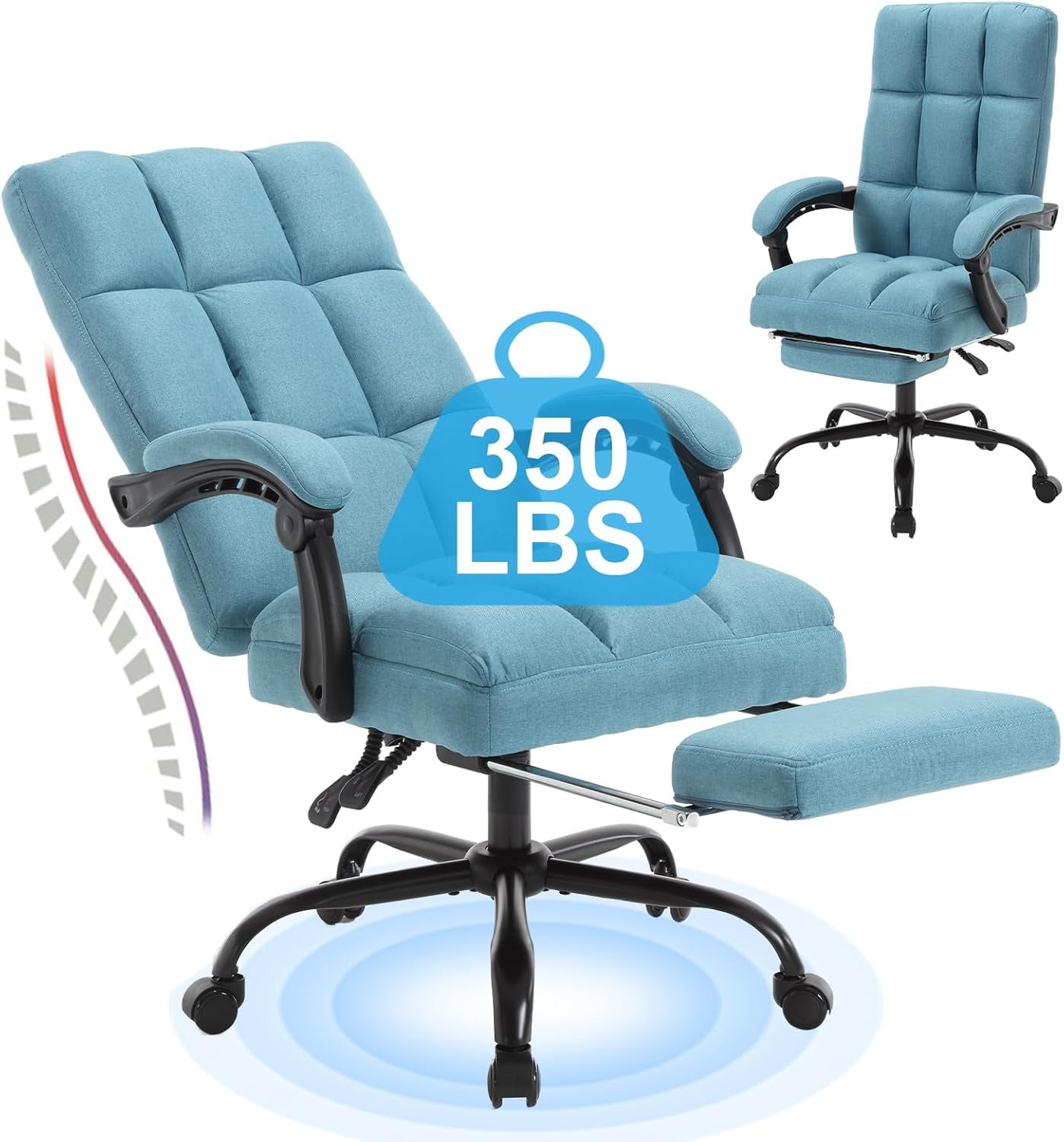 KCREAM Erogonomic Reclining Office Chair with Footrest, High Back Fabric Cute Comfortable Recliner Office Desk Chair with Leg Foot Rest for Women,Blue