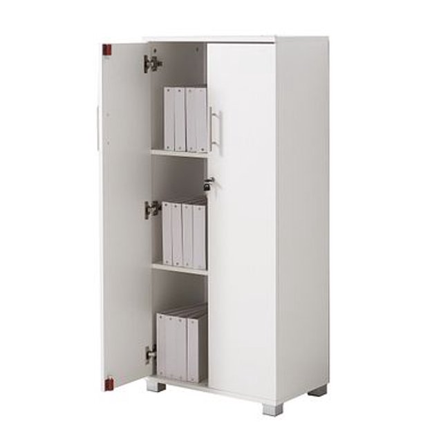 White Storage Cupboard 2 Door Locking Pantry Bookcase for