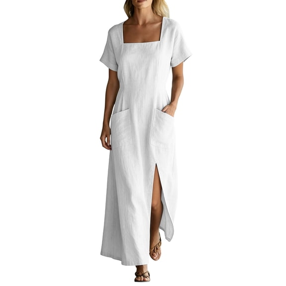 LIaqionyy Womens Cotton Linen Maxi Dress Short Sleeve Square Neck Casual Summer Dresses Vacation Sundresses with Pocket