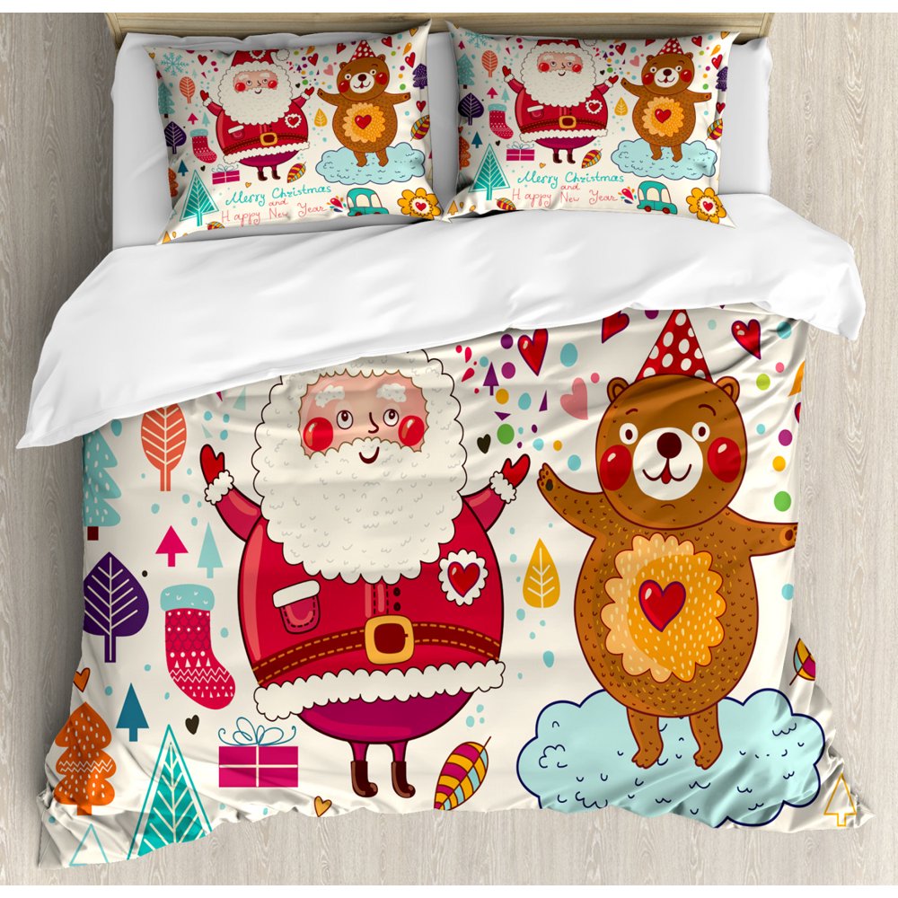 Christmas King Size Duvet Cover Set, Santa and Teddy Bear Vintage