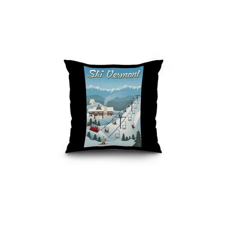 Vermont - Retro Ski Resort - Lantern Press Artwork (16x16 Spun Polyester Pillow, Black