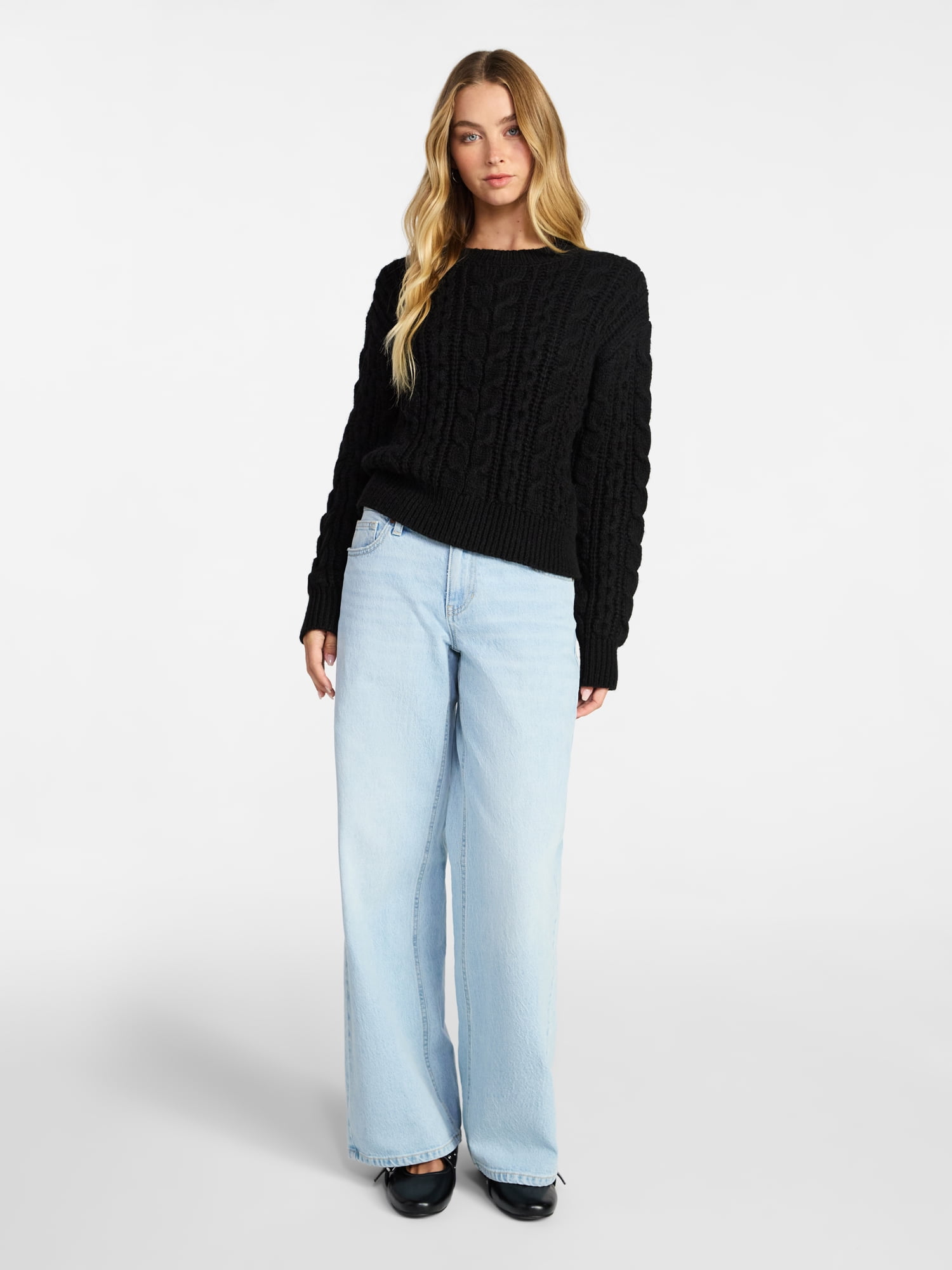 No Boundaries Cable Crewneck Drop Shoulder Sweater, Midweight, Women's XXS-XXL