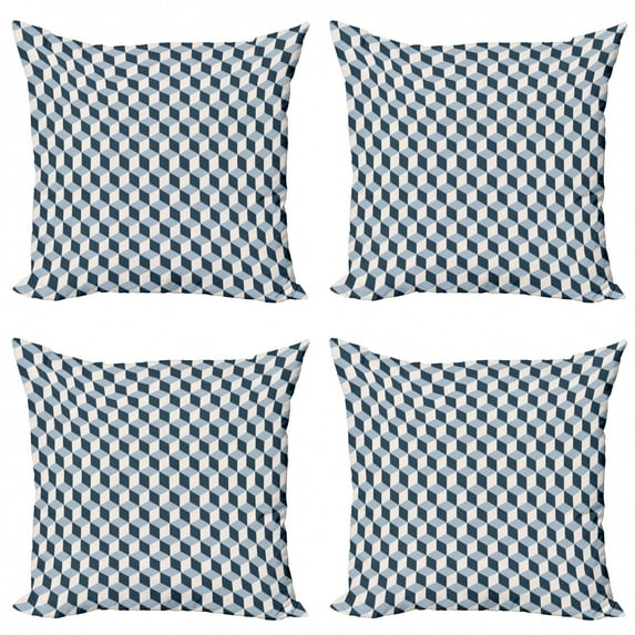 Ambesonne Retro Throw Pillow Cover 4 Pack, Cubes Squares 3D Style, 20", Blue Pale Blue White
