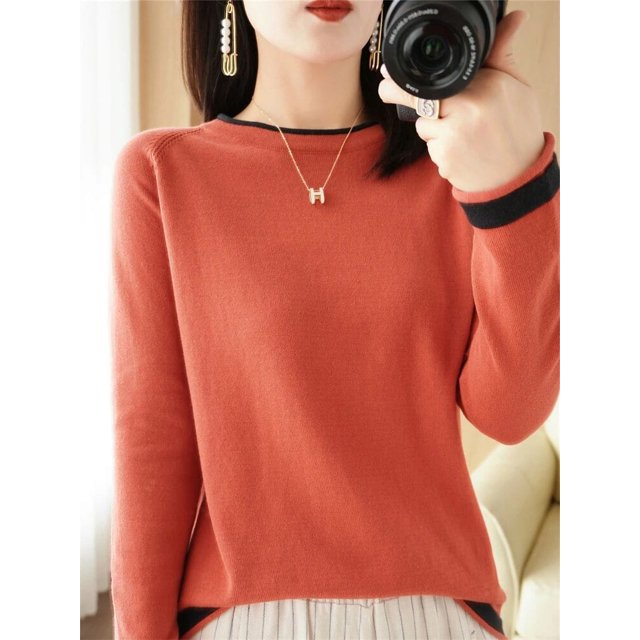 Vente Chaude Printemps Automne Nouveau Chandail 100 % Coton Pur Femme Col Rond Chandail Contrasté Mode Ample Décontracté Tricoté