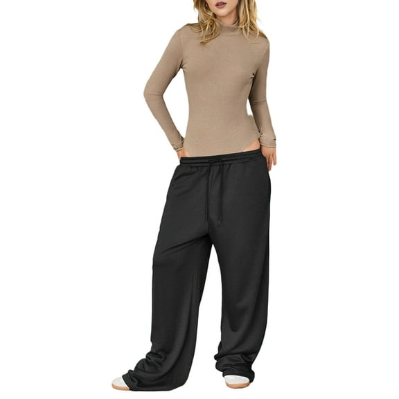 Womens Sweatpants Fall Baggy Wide Leg Sweatpant Fleece Lined Straight Leg Sweat Pants Black S