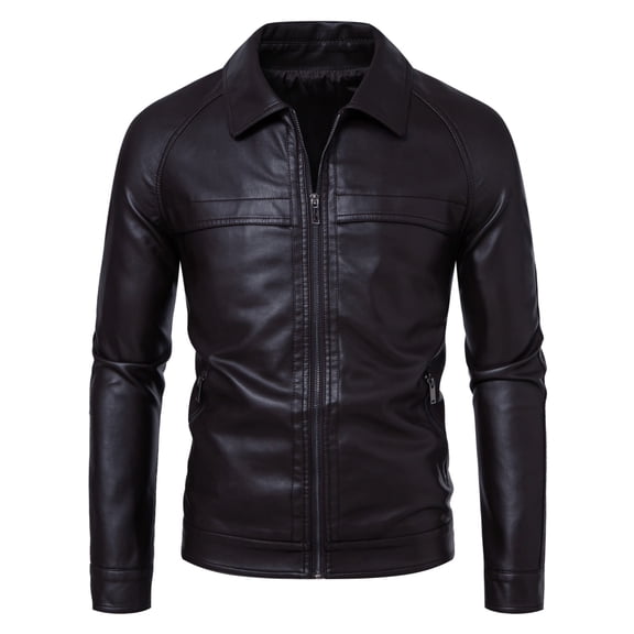 Men's PU Leather Jacket with Shoulder Padding, Collared Motorcycle Coat, Stylish and Durable Outerwear for Everyday Use