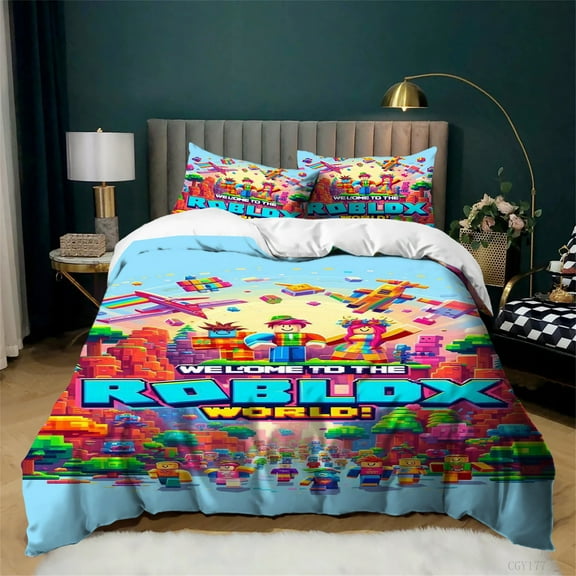 Kids 3pcs Bedding Duvet Cover Set Game Roblox Quilt Cover Twin Size Soft Breathable Duvet Cover for All Season