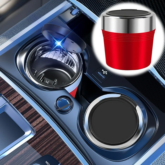 Car Ashtray with LED Light - One-Click Open Lid Heat & Flame Retardant Metal Liner Built-In Cigarette Extinguisher Easy-Clean Design 1 Pack