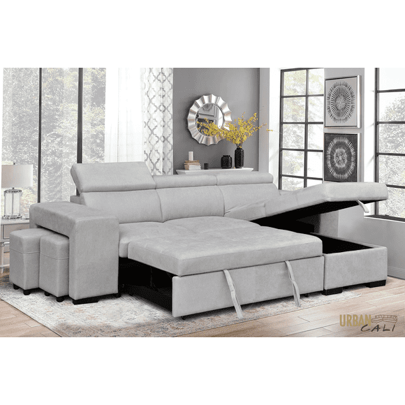 Urban Cali Sonoma Sleeper Sectional Sofa Bed with Reversible Storage Chaise and 2 Stools in Canvas Grey