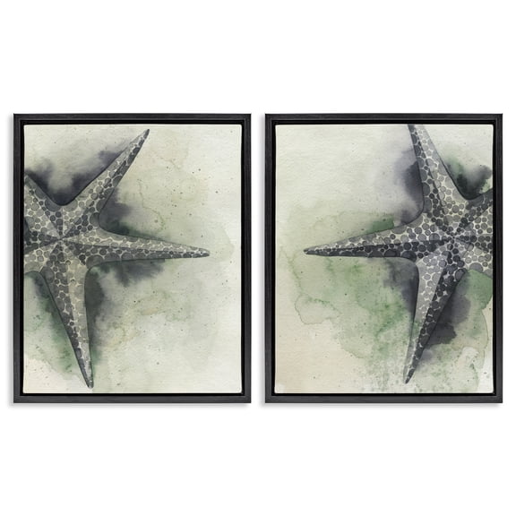 Stupell Industries Detailed Starfish Sand Beach Nautical & Beach Painting Black Floater Framed Canvas Art Print Wall Art, 17 x 21, Set of 2
