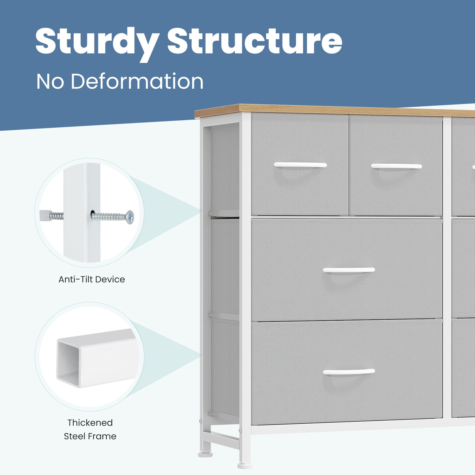CONCETTA 8-Drawer Fabric Dresser, Wide Chest of Drawers, TV Stand for Bedroom, Living Room, Light Gray