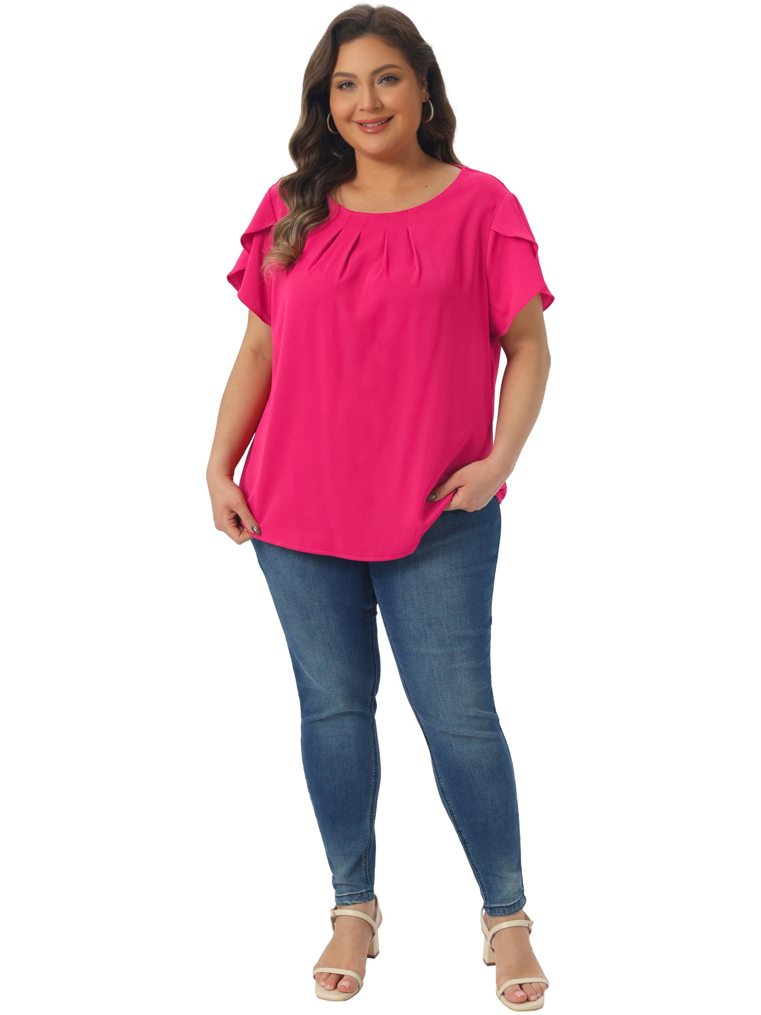 DARING DIVA Women's Plus Size Round Neck Pleated Tulip Sleeve Shirt Blouse 1X Hot Pink