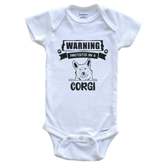 Warning Protected by a Corgi Funny Cute Dog Breed Baby Bodysuit, 0-3 months white