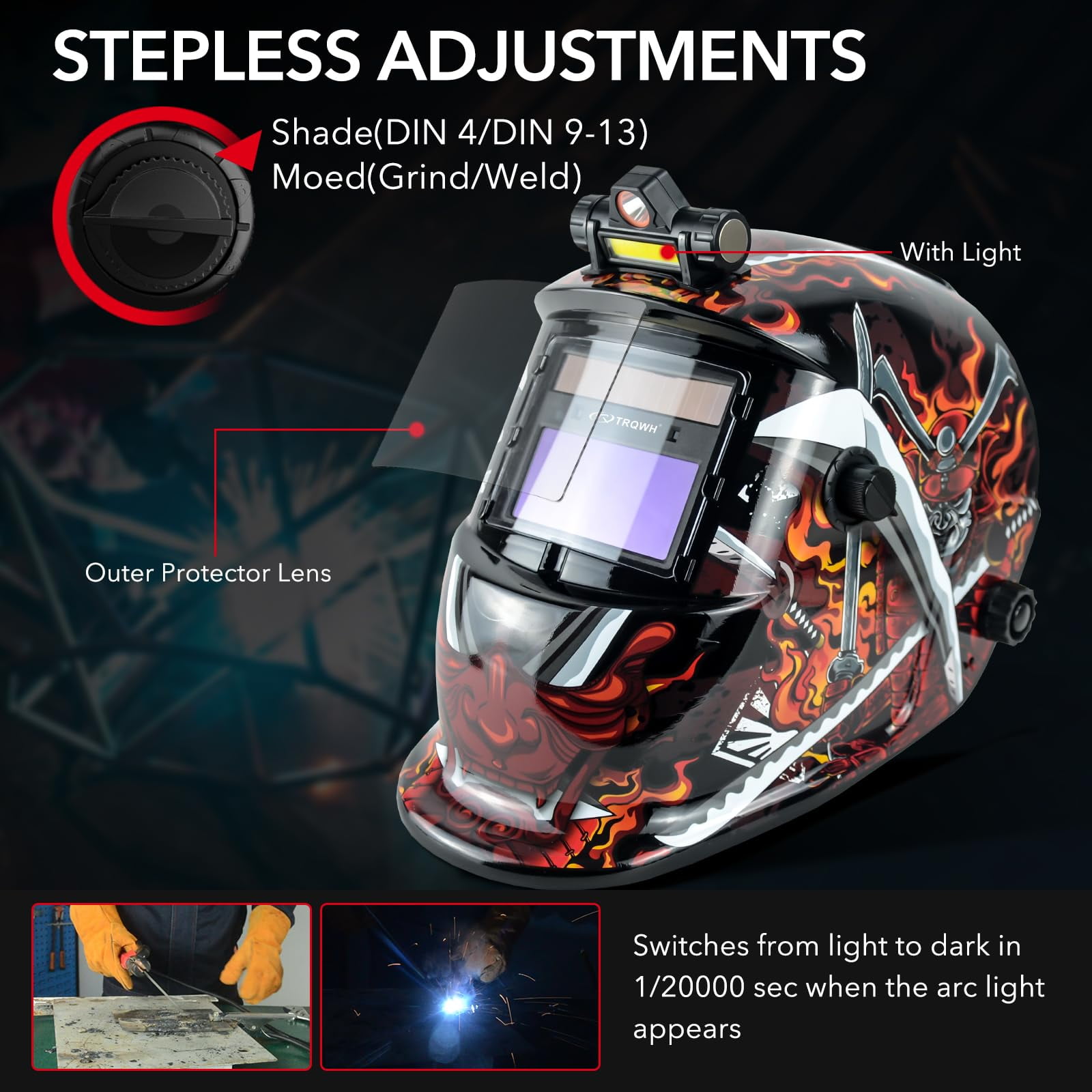 TRQWH Welding Helmet Auto Darkening, Wide Shade 9-13, Top Optical Clarity 1/1/1/2