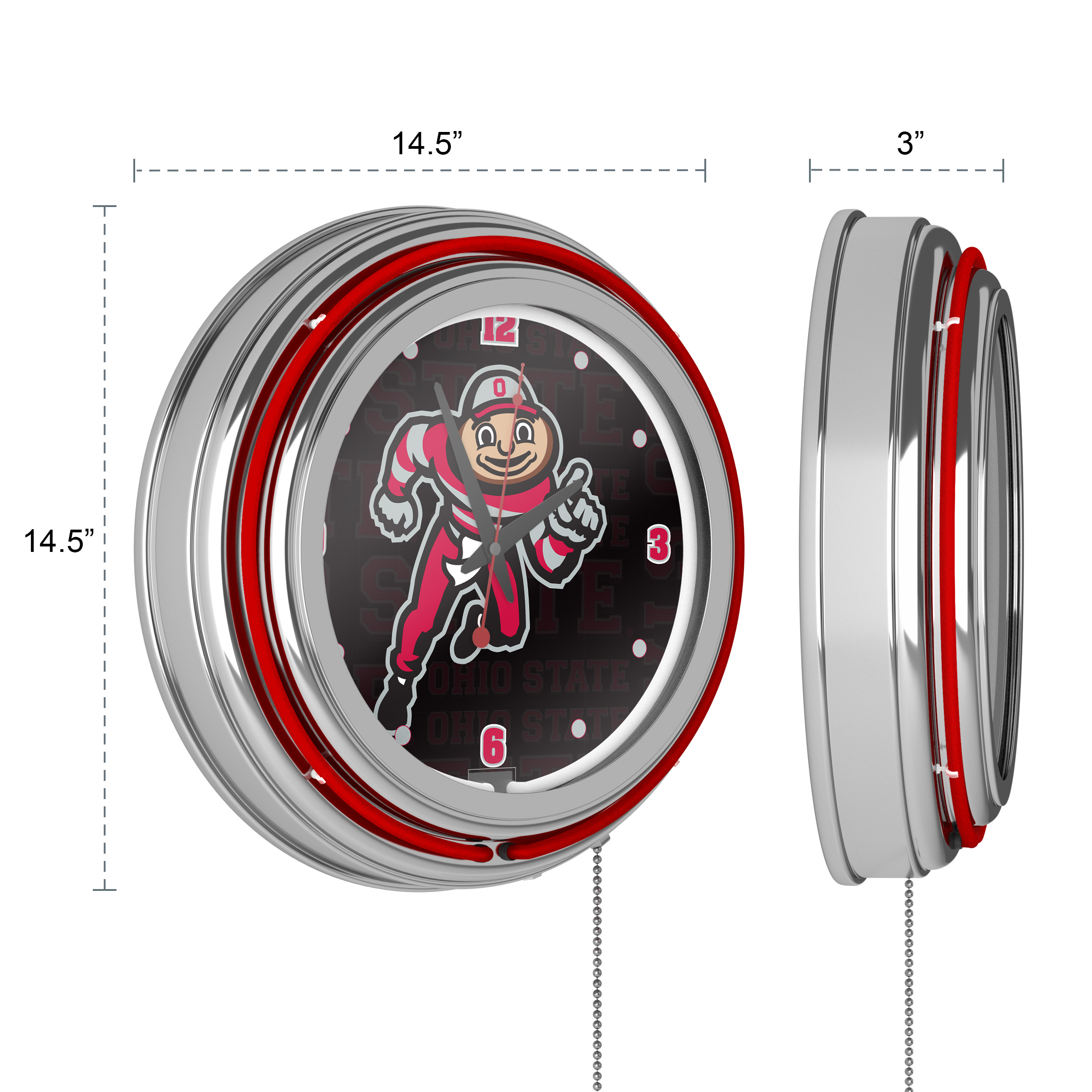 Ohio State University Brutus Dash Retro Neon Analog Wall Clock with Pull Chain