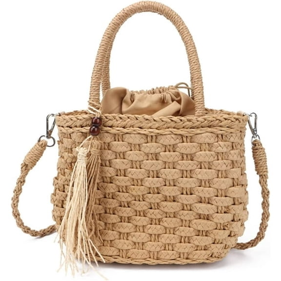 AOMRCOL Straw Tote for Women Beach Drawstring Rattan Bucket Bag Handmade Woven Shopping Purse