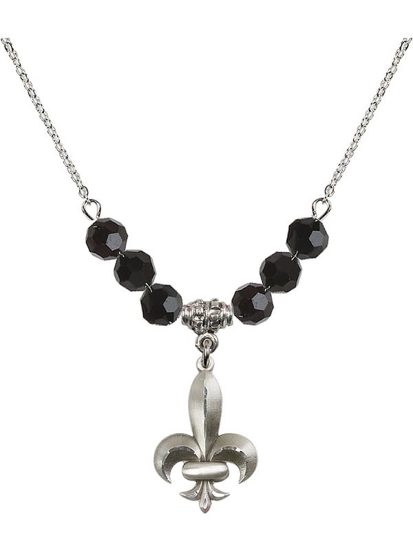 Rhodium Plated Necklace with 6mm Jet Birth Month Stone and Fleur de Lis Charm -