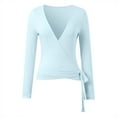 thumbnail image 4 of Blusa corta de manga larga con cuello en V profundo y lazo para mujer: corte ajustado, color liso, tirantes ajustables, tallas S-L para hacer ejercicio o llevar de forma informal., 4 of 5