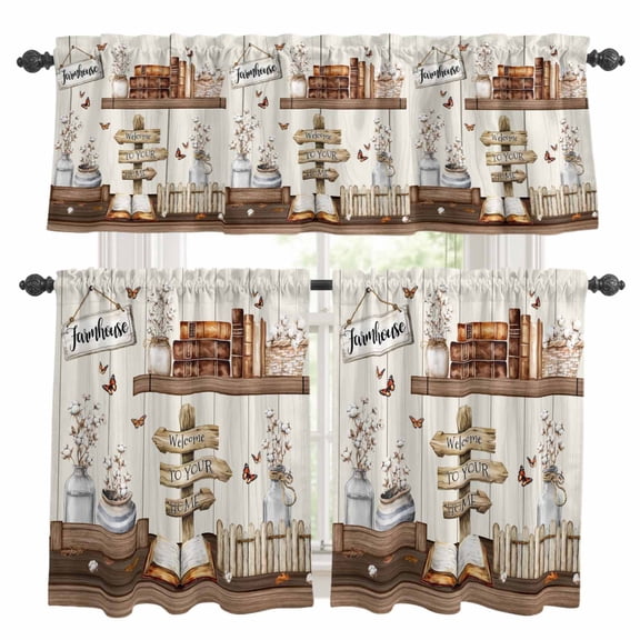 Farmhouse Vintage Kitchen Curtains Sets for Windows 24 Inch Length, Country Cotton Book Butterfly Art Rod Pocket Window Treatments Tier Curtains and Valances Set for Bedroom/Bathroom