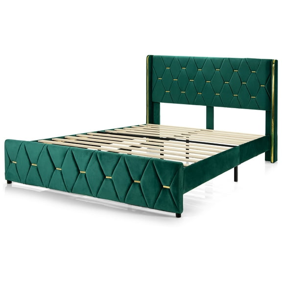 Costway Full Upholstered Platform Bed Frame Adjustable Headboard Footboard Modern Green