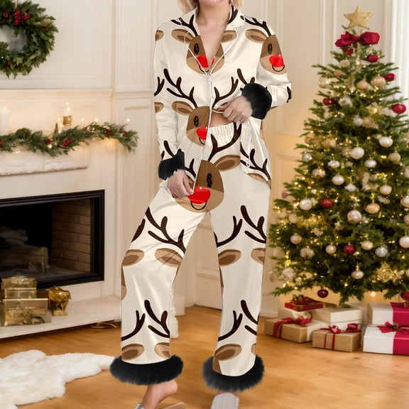 FASHOFT Christmas Pajamas for Women Set Feather Xmas Graphic Long Sleeve Button Down Pjs Soft 2 Piece Pants Sets Notch Collar Loungewear L