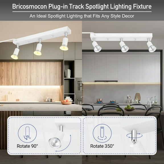 SHILIU-Plug-in Track Lighting, LED Track Lighting Fixtures Ceiling Kit, 16" White Plug in Wall Light with 14.8ft Cord, 3-Light Ceiling Spotlight,Rotatable Kitchen Light Head for Bedroom Hallway(GU10,
