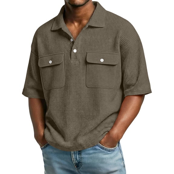 GrmtClth Waffle Knit Polo Shirt for Men Lightweight Short Sleeve Top Athletic Collared T-Shirt Loose Fit with Pocket Clothes Solid Light Brown M