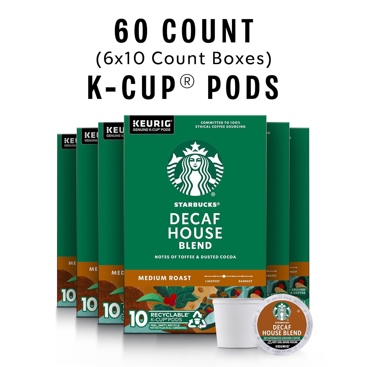 Starbucks K-Cup Coffee Pods, Medium Roast Hot or Iced Coffee, Decaf House Blend, 60 Keurig Pods