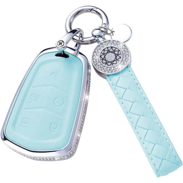 for Cadillac Key Fob Cover with Keychain, Blue Leather Rhinestone Key Case Protection Shell Compatible with Escalade CTS SRX XT5 ATS STS CT6 Bling Car Accessories