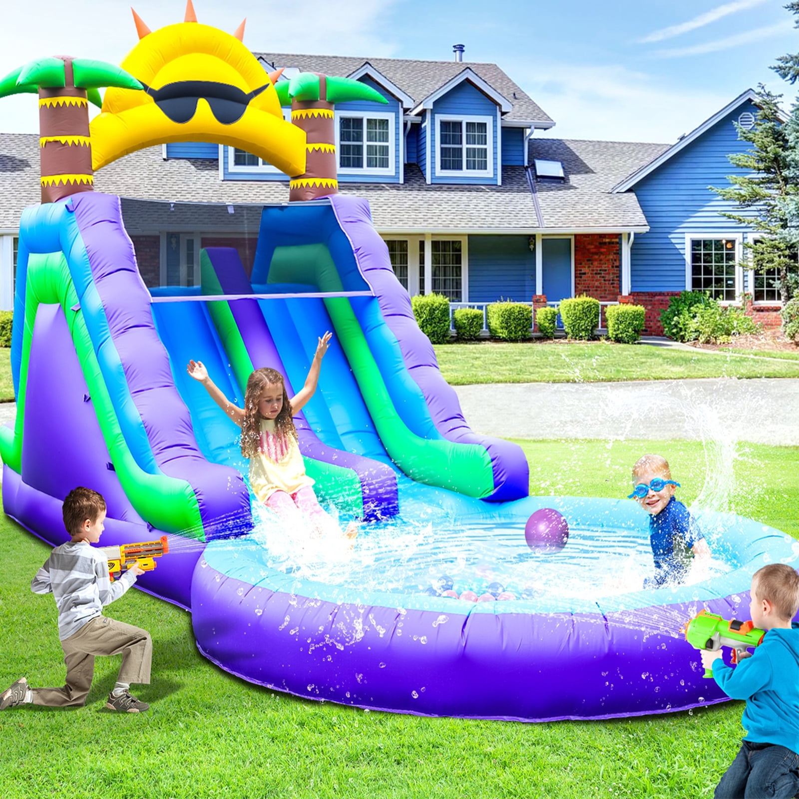 Relunch 26X12X14FT Commercial Inflatable Double Water Slide for Kids & Adults, PVC Inflatable Water Park with Climbing Wall & Blower, Giant Blow Up Water Slide Backyard Outdoor