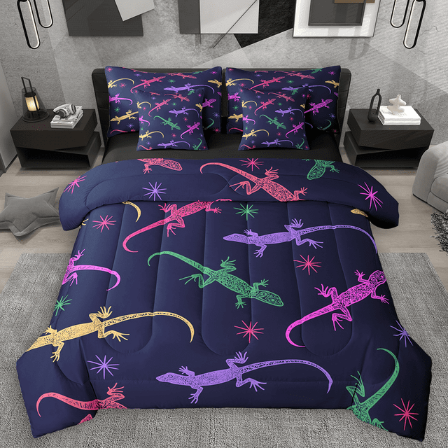 Manfei Colorful Lizard Bedding Comforter Set 7 Pieces, Cartoon Animal Queen Bedding Sets, Wildlife Themed Queen Sheet Sets, Ultra Soft Home Decor