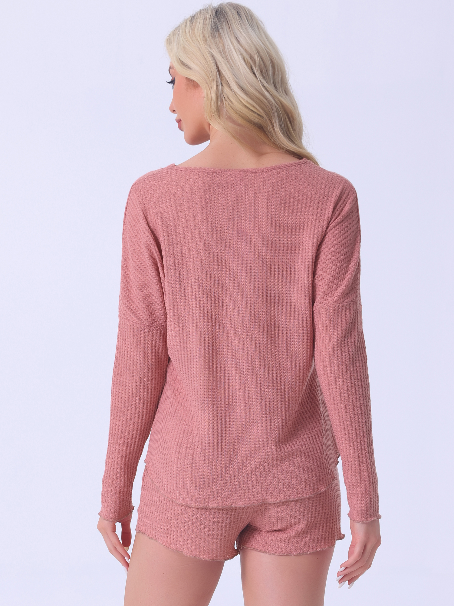 DARING DIVA Women's Waffle Knit Pajama Sets Lounge Set Long Sleeve Top Pink S