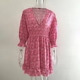 thumbnail image 4 of MORTTIC Women's Floral V-Neck Smocked Boho Flowy Mini Dress with Elastic Waist for Spring Summer Fall Red，XL, 4 of 6