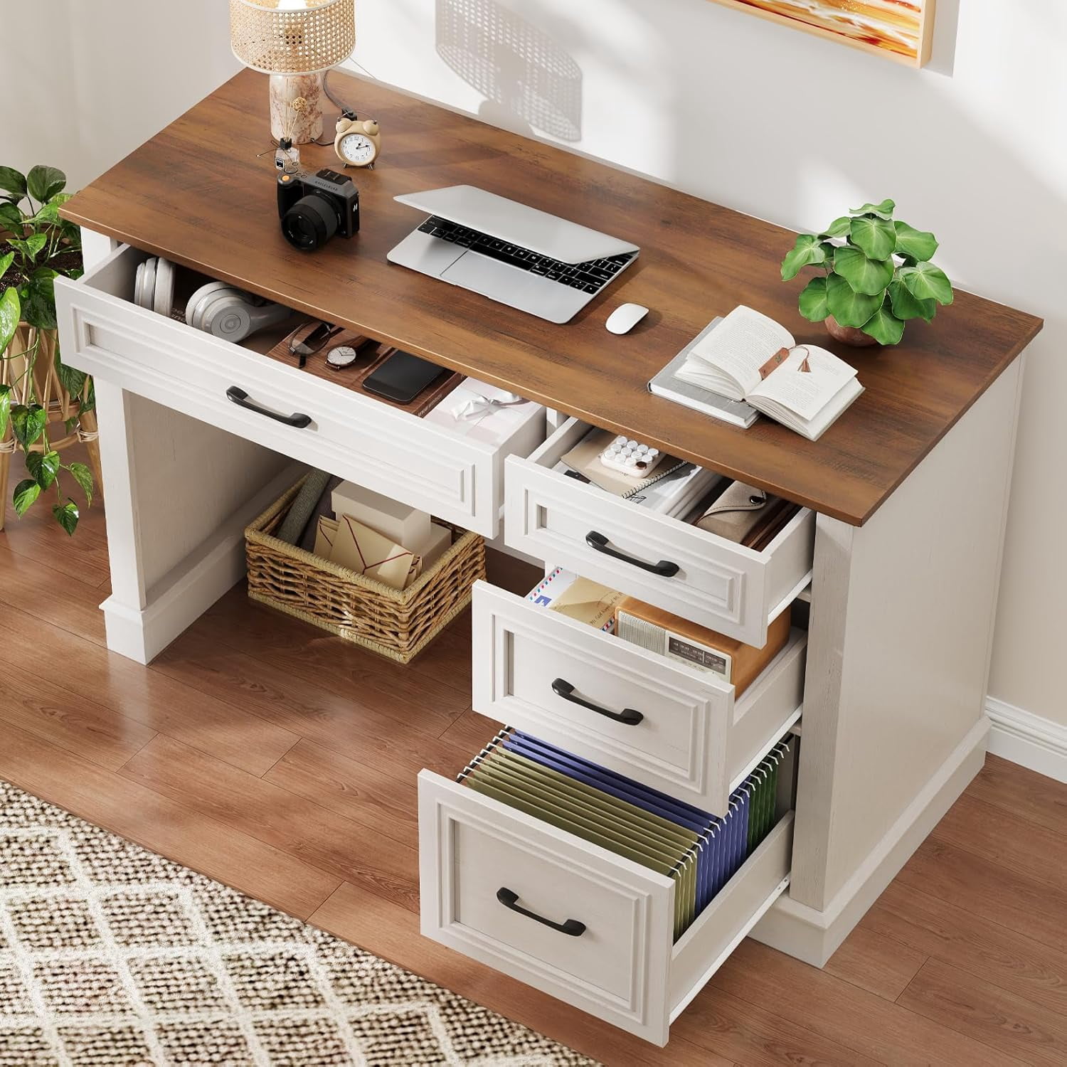 Farmhouse 47" Executive Desk with File Drawer, Computer Desk with 4 Drawers, Workstation for Study, Home Office, Writing, Unique White.