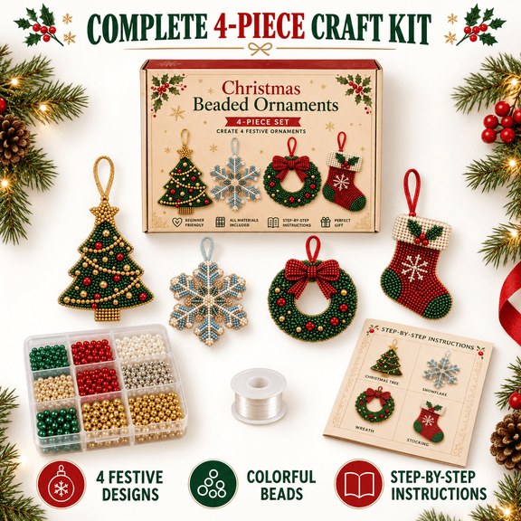 Christmas Beaded Ornaments DIY Kit, Makes 4 Tree, Snowflake, Wreath and Stocking Decorations with Step-by-Step Guide