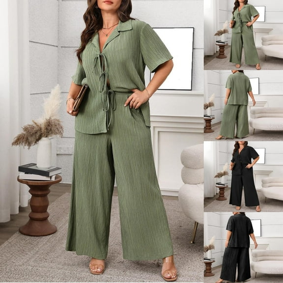 Feancey Plus Size Work Sets for Women Business Casual Summer Outfits Lace-up Short Sleeve Shirt and Wide Leg Capri Pants Matching 2 Piece Set Black XXL