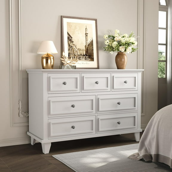 CuisinAid 7-Drawer White Dresser for Bedroom with Deep Drawers,Wood Dresser with Metal Handles & Thickened Top