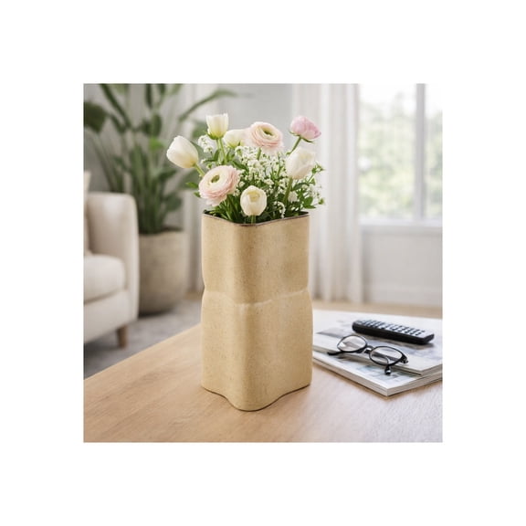 Sagebrook Home Sculptural Ceramic Vase for Living Room and Home Decor - Elegant Flower Vase House Accent with Pottery for Bedroom - 12", Tan