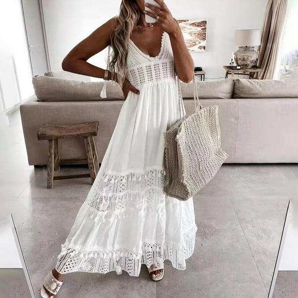 IBTOM CASTLE Women's Summer Slip Boho Maxi Dress Lace Up Tassel V Neck  Flare Wedding Beach Dresses Holiday Outfit Photo Shoot XL White Tassels -  Walmart Business Supplies